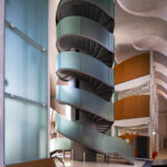 The helical staircase in front of the Library